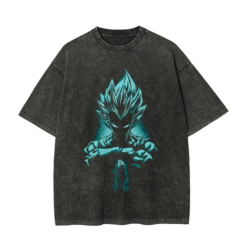 Anime Dragon Ball Z Vegeta Vintage Wash T-Shirt Short Sleeve Loose Sports Fitness T-Shirt Men's Harajuku Clothing Dragon Ball