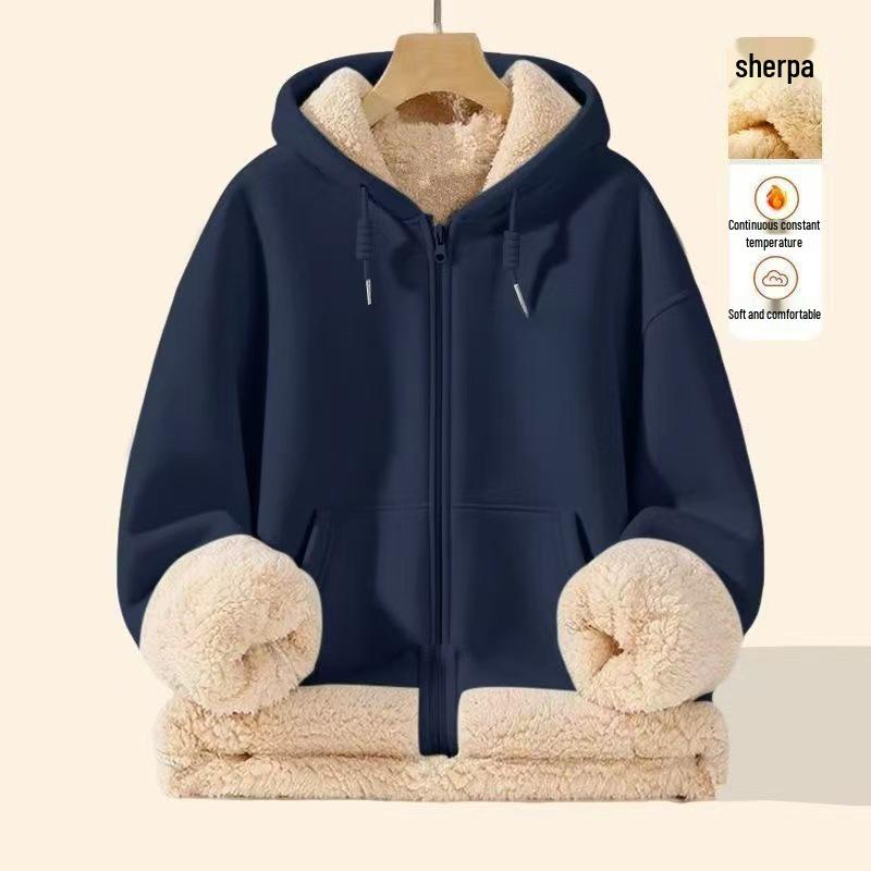 Men's Trendy Fleece-Lined Lambswool Hoodie Jacket with Zipper