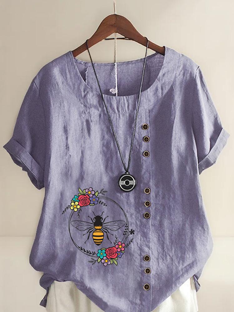 Women's Fashion Bee Flowers Print Shot Sleeve T-shirt Loose Cotton Shirt Casual Loose Summer Blouse Tops Plus Size