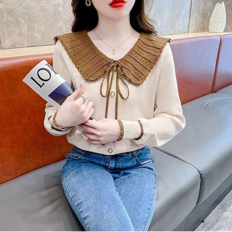 Вязаный свитер с бантом и кукольным вырезом, с длинными рукавами, модная верхняя одежда на осень и зиму со шнуровкой, излучающая чувство темперамента и стиля S абрикосовый