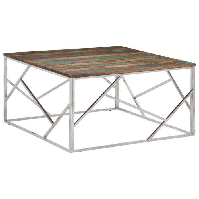 VidaXL Table basse argenté acier inoxydable/bois massif récupération, table d'appoint, bout de canapé, table d'accent, table 349960