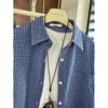 Man Jiang Yue Women's Korean Style Blue Plaid Long Sleeve Polo Shirt Cardigan