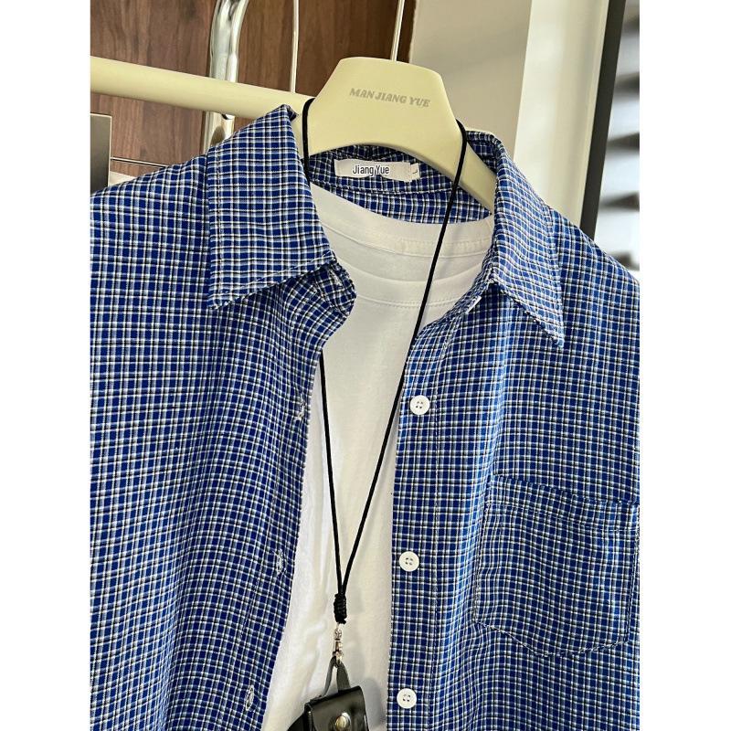 Man Jiang Yue Women's Korean Style Blue Plaid Long Sleeve Polo Shirt Cardigan