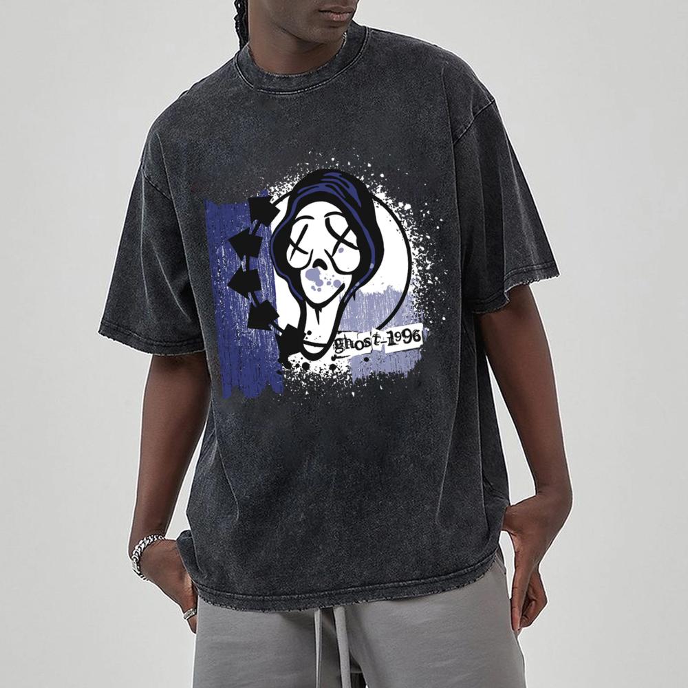 Ghost Cartoon Print Women's T-Shirt Cotton Short-Sleeved Washed Denim Fabric Oversized Funny Casual Top Everyday Wear Simple