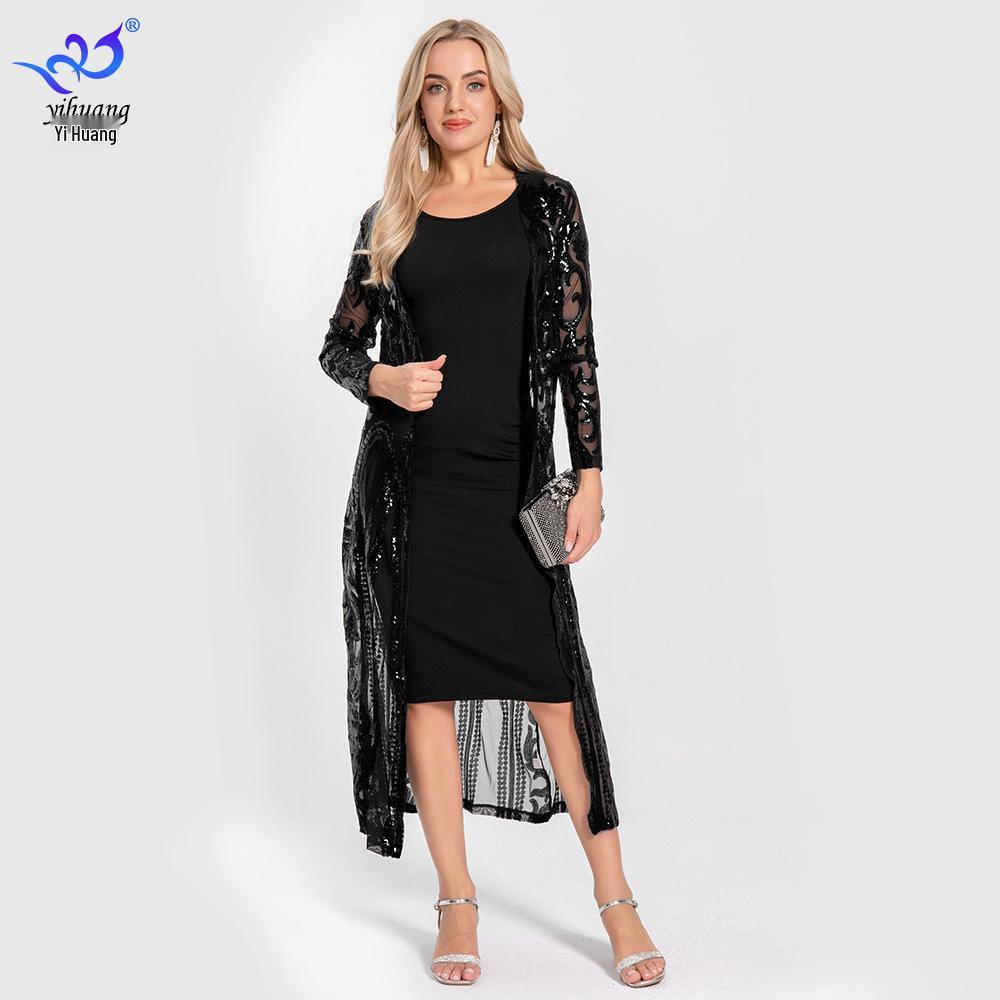 

Элегантный кардиган-шаль из сетки с пайетками и длинными рукавами 4XL