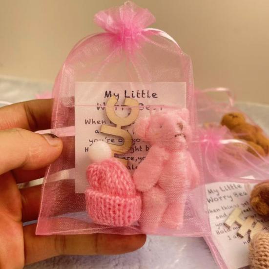 Pocket Hug Plush Bear Toy with Encouragement Card Mesh Bag Mini Positive Stuffed Bear Doll with Knitted Hat Inspirational Gift