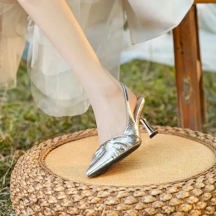 Golden Pleated Sexy Women's Sandals Pointed High Heeled Fashion Banquet High Heeled Shoes Women Pumps Zapatos De Mujer Tacones