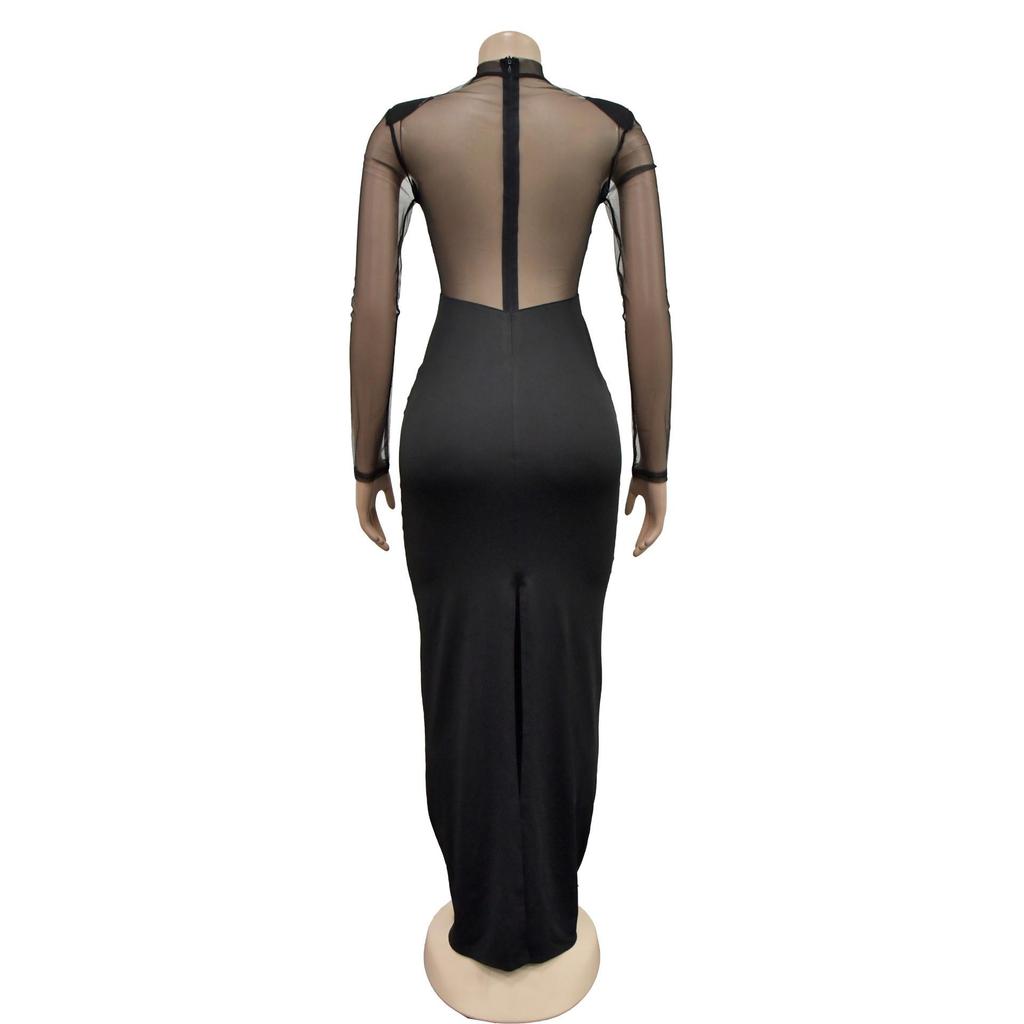 Women's Mesh Hot Drilling Long Sleeve Long Skirt Dress