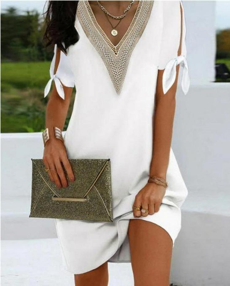 Women Lace Collar Dress Solid Color Split Cuffs Bow Knot European American Style