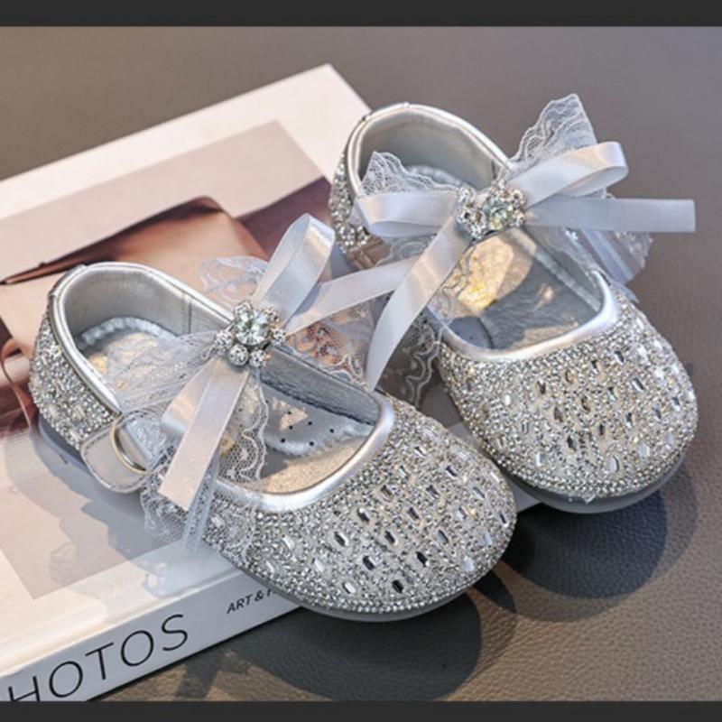 Girls Silver Crystal Princess Leather Shoes Kids Spring Fashion Flat Shoes Children Dress Shoes for Performance