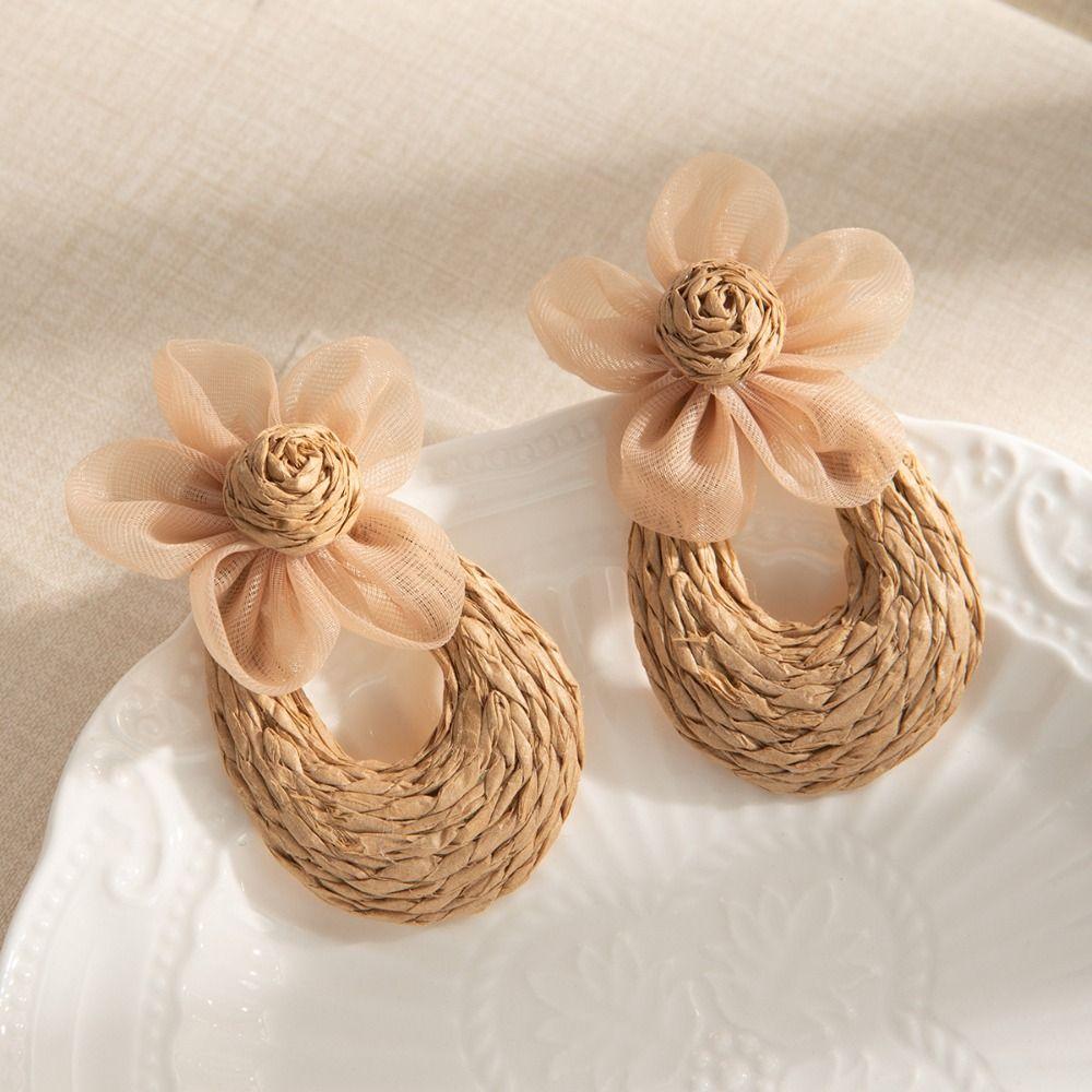 Sweet Straw Weave Earrings Hook Piercing Beach Drop Earrings Mesh Flower Earrings  Girls Gift