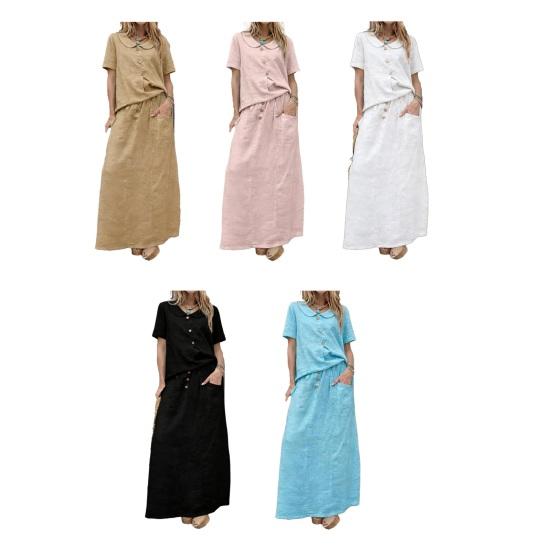 Women's 2 Piece Skirt Set Cotton Linen Short Sleeve Top And Maxi Skirt Matching Sets Summer Casual Vacation Outfits with Pockets