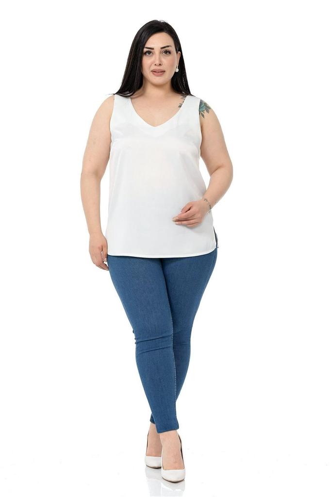 Damen Übergröße Bluse Plus Size V-Ausschnitt Ärmellos Satin Smaragdgrüne Bluse mit Seitenschlitzen