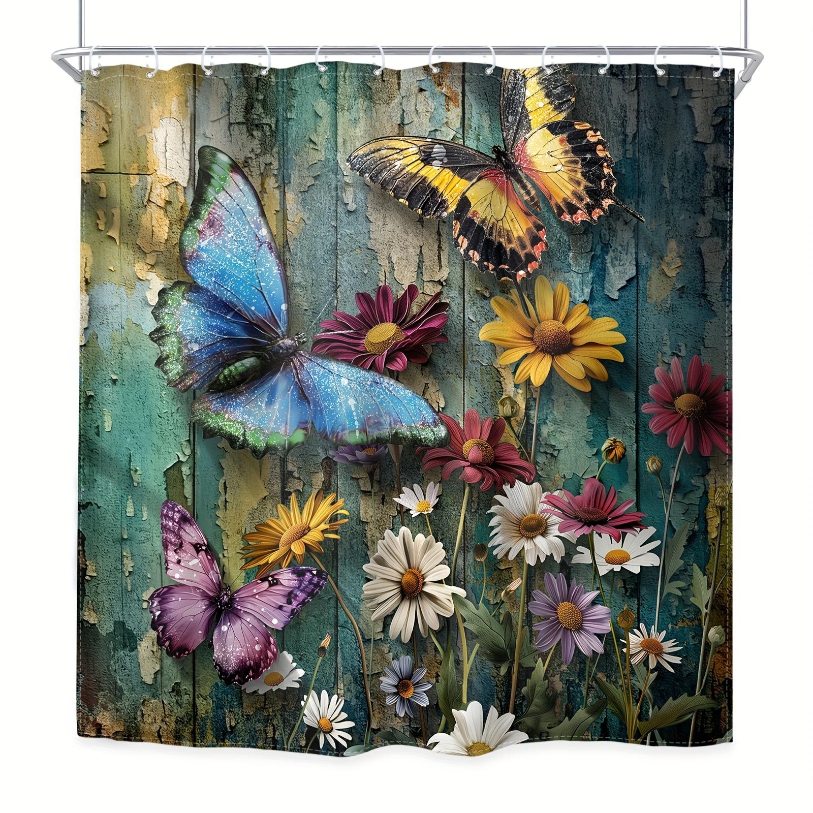

Vibrant Butterflies and Flowers Shower Curtain - Water-Resistant Fabric for Bathroom - Perfect for Nature and Garden Lovers W90XH180cm