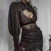 Temperamento Pizzo Avvolgente Senso del Design Stile Corte Oscura Tinta Unita Versatile Top Corto da Donna a Collo Alto con Marsupio