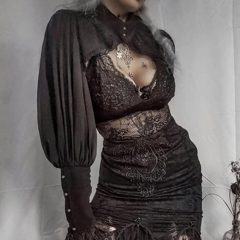 Temperamento Pizzo Avvolgente Senso del Design Stile Corte Oscura Tinta Unita Versatile Top Corto da Donna a Collo Alto con Marsupio