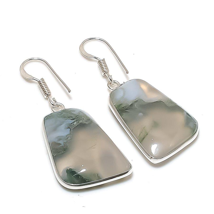Natural Moss Agate Gemstone 925 Sterling Silver Jewelry Earring 1.77" AE-12369