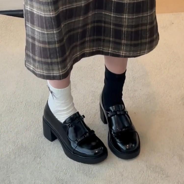 Sheepskin version~ Versatile round head British style loafers, deep mouth one pedal bow, leather thick heel small leather shoes for women