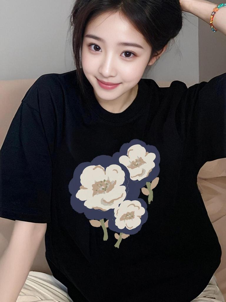 Plus Size Women's Pure Cotton White Short-Sleeved T-Shirt - New Stylish & Slimming Fit for Summer 2025