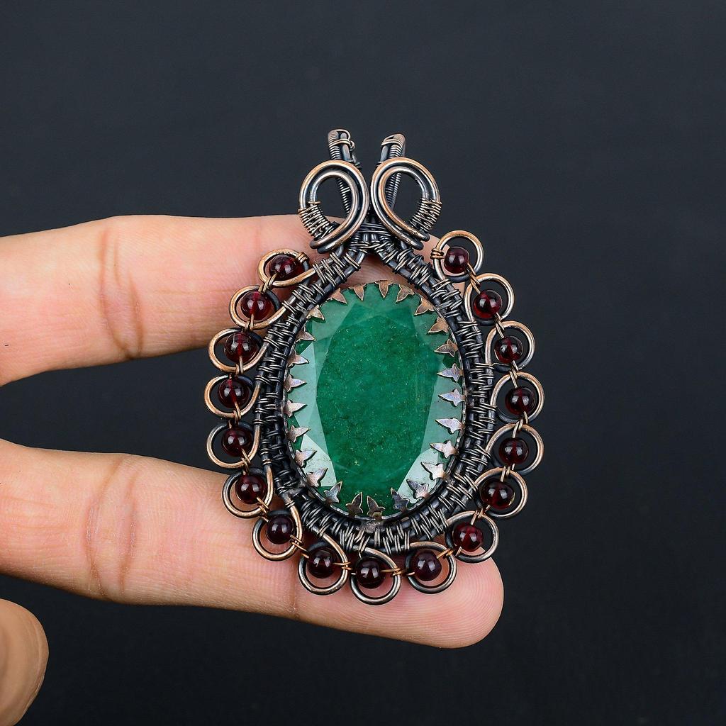 Lab-Created Emerald Gemstone Pure Copper Wire Wrapped Handmade Pendant Jewelry