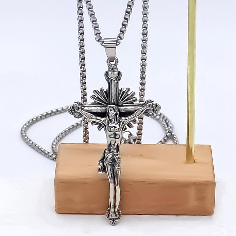 Cool Mens Stainless Steel Jesus Christ Face Crucifix Cross Pendant Necklace