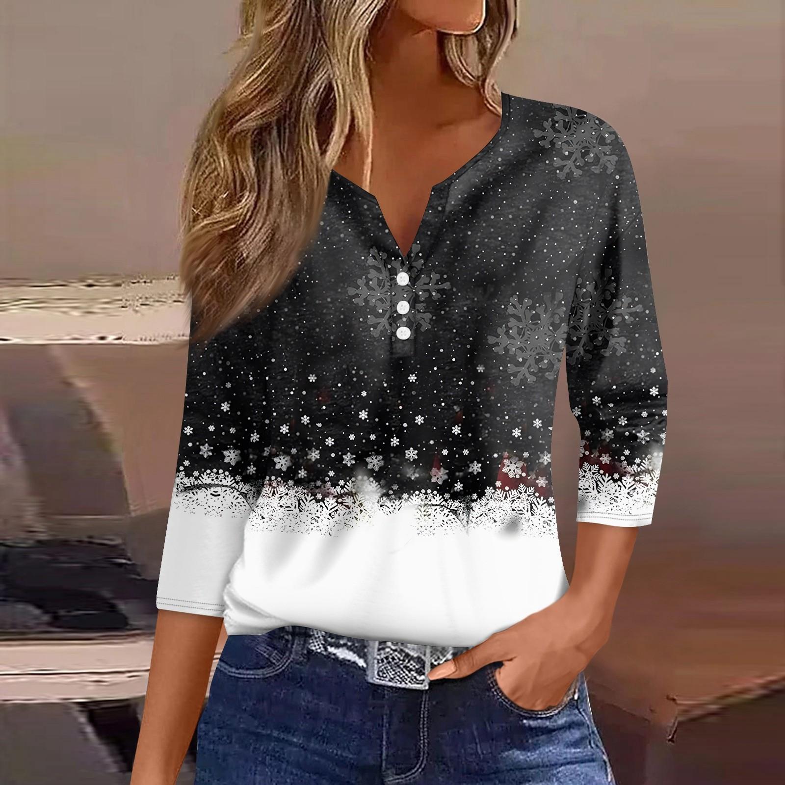 

Женская футболка с рождественским принтом, на пуговицах, рукав 3/4, повседневная мода на выходные, базовый топ с V-образным вырезом XL чёрный