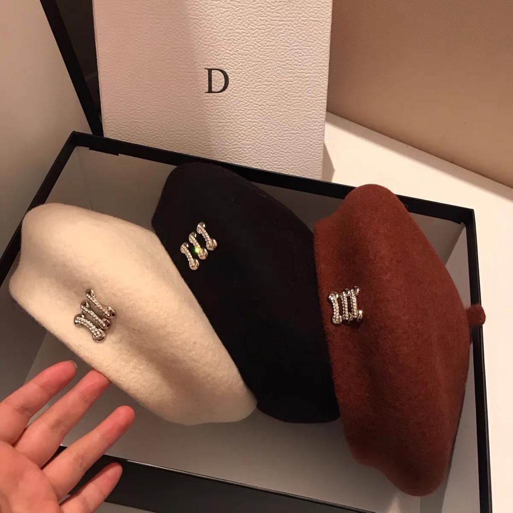 Autumn and Winter Woolen Beret Outdoor Warmth Simple Rhinestone Painter Hat Star Style Girlish Octagonal Hat Tide