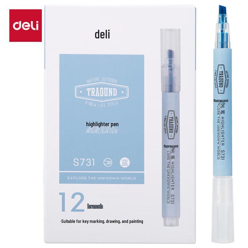 Deli S731 Blue Highlighter Pen, 12-Pack