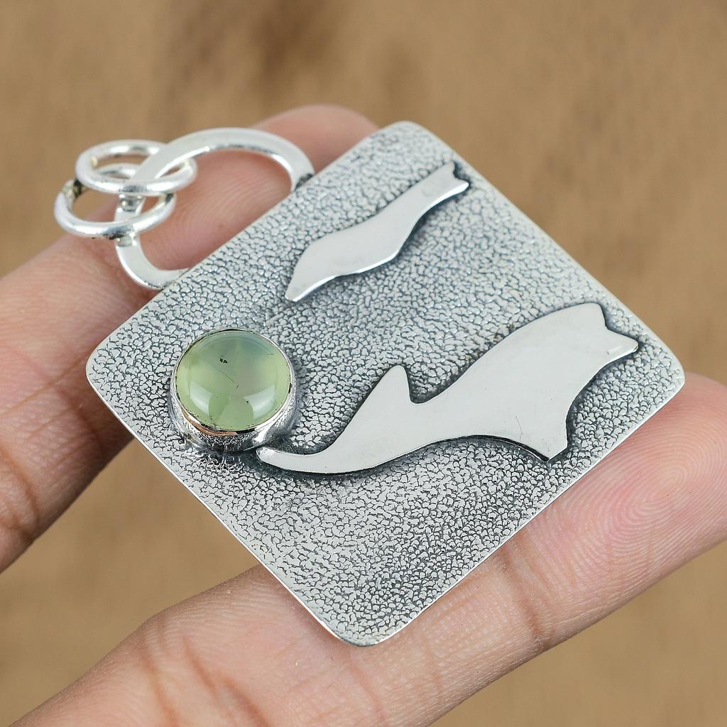 Anniversary Gift For Her Natural Prehnite Gemstone Pendant 925 Sterling Silver