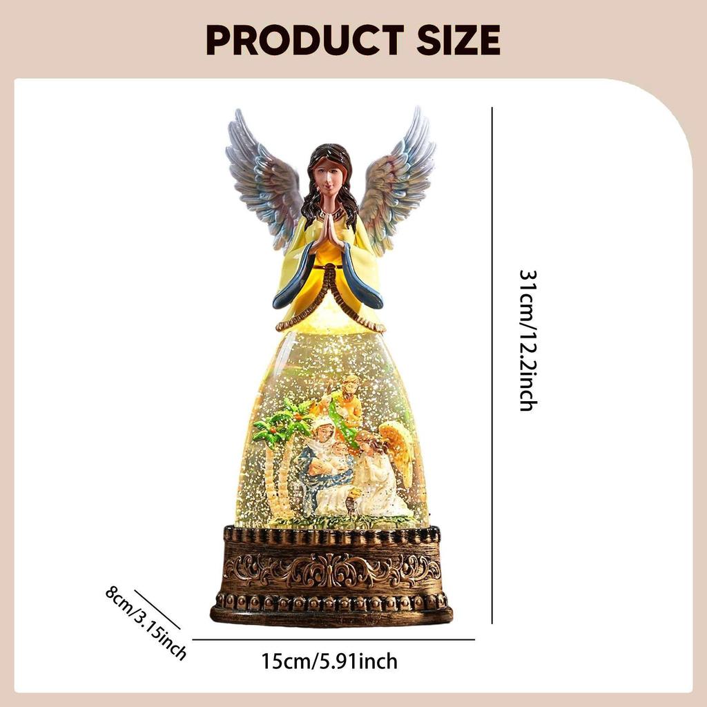 Angel Shaped Christmas Snow Globe with Light and Music Box Plastic Desktop Ornament for Table Shelf Holiday Gift