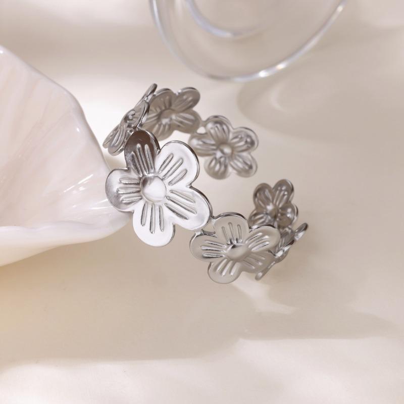 Wide Geometric Flower Stainless Steel Bracelet Women's Adjustable Open Bracelet Hip Hop Style