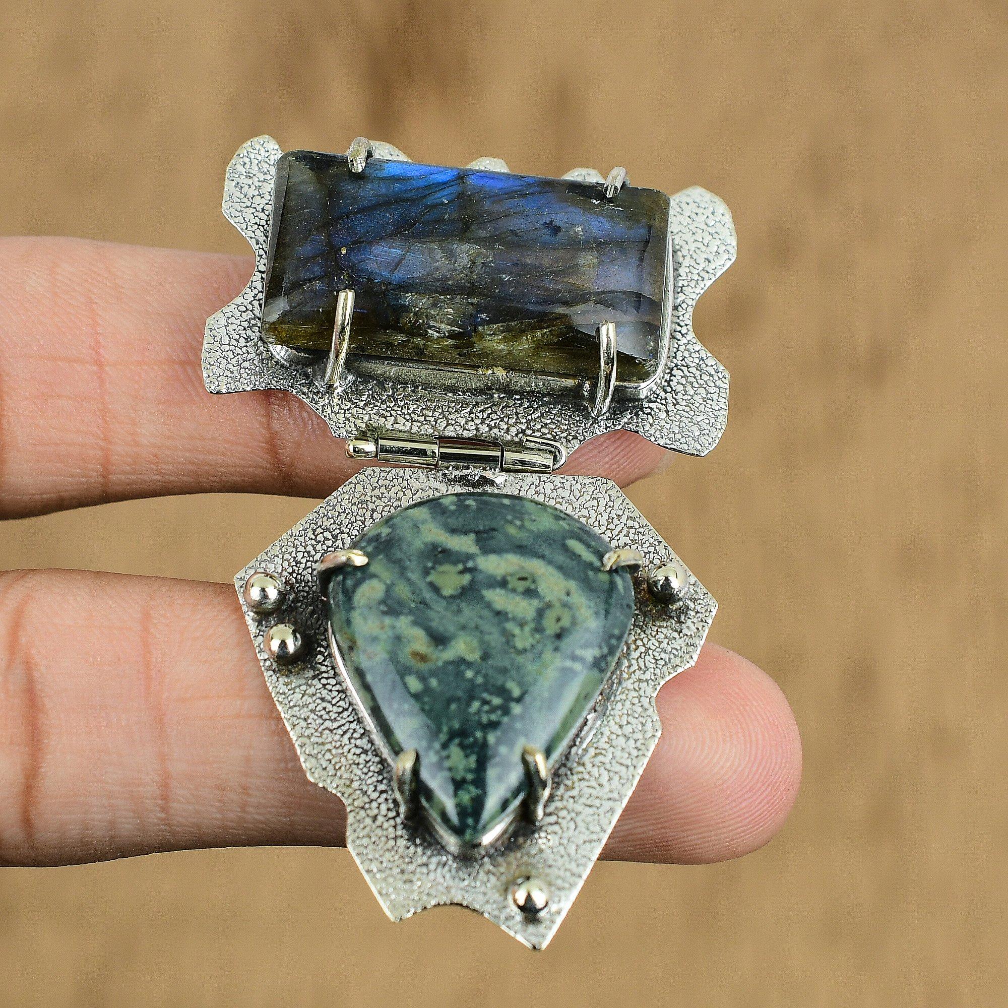 

Sterling Silver Rectangle Labradorite Stone Kambaba Jasper Anniversary Pendant