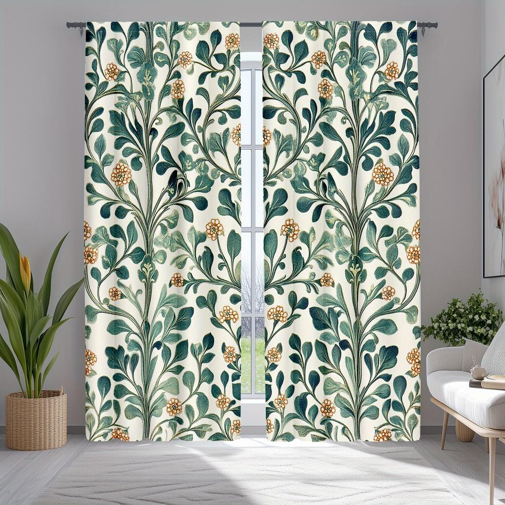 Green Leaf Floral Pattern Curtains Polyester Fabric Suitable Living Room Bedroom Decoration Curtain Vintage Made Of Washable Great Ready