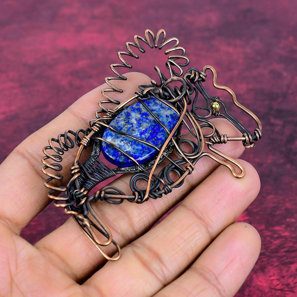 Lapis Lazuli Pendant Copper Wire Wrapped Rabbit Pendant Gemstone Handmade Jewelry