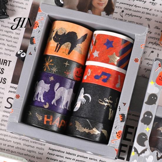Taśma Washi na Halloween 8 Rolek Taśmy, Straszny Nietoperz Wiedźma Kot Wzór Dekoracyjna Japońska Papier do Junk Journalingu, Scrapbookingu, Rękodzieła DIY, Prezent