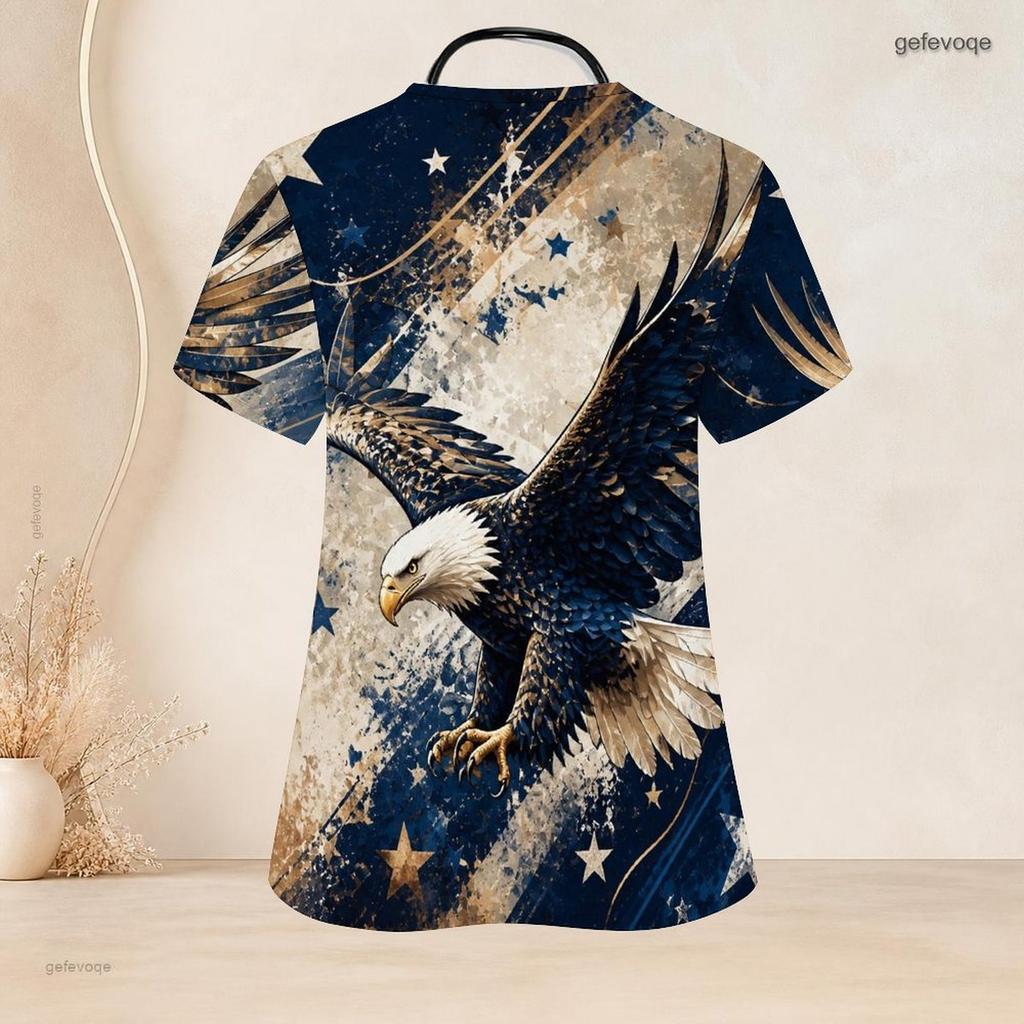 Women Plus Size Bald Eagle Star Printed Keyhole Neck Short Sleeve Nurse Scrub Top With Pockets