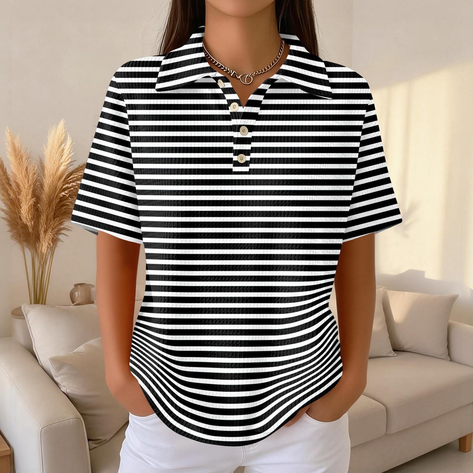 Women s Casual Short Sleeve Polo Shirt Waffle Texture Button Down Collar Top with Horizontal Stripes Pattern Suitable for Daily Wear XXXL чёрный