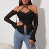 European and American Sexy Mesh Yarn Neck Splicing Top, Popular Women's Clothing Backless Perspective Horn Sleeve Long-sleeved T-shirt