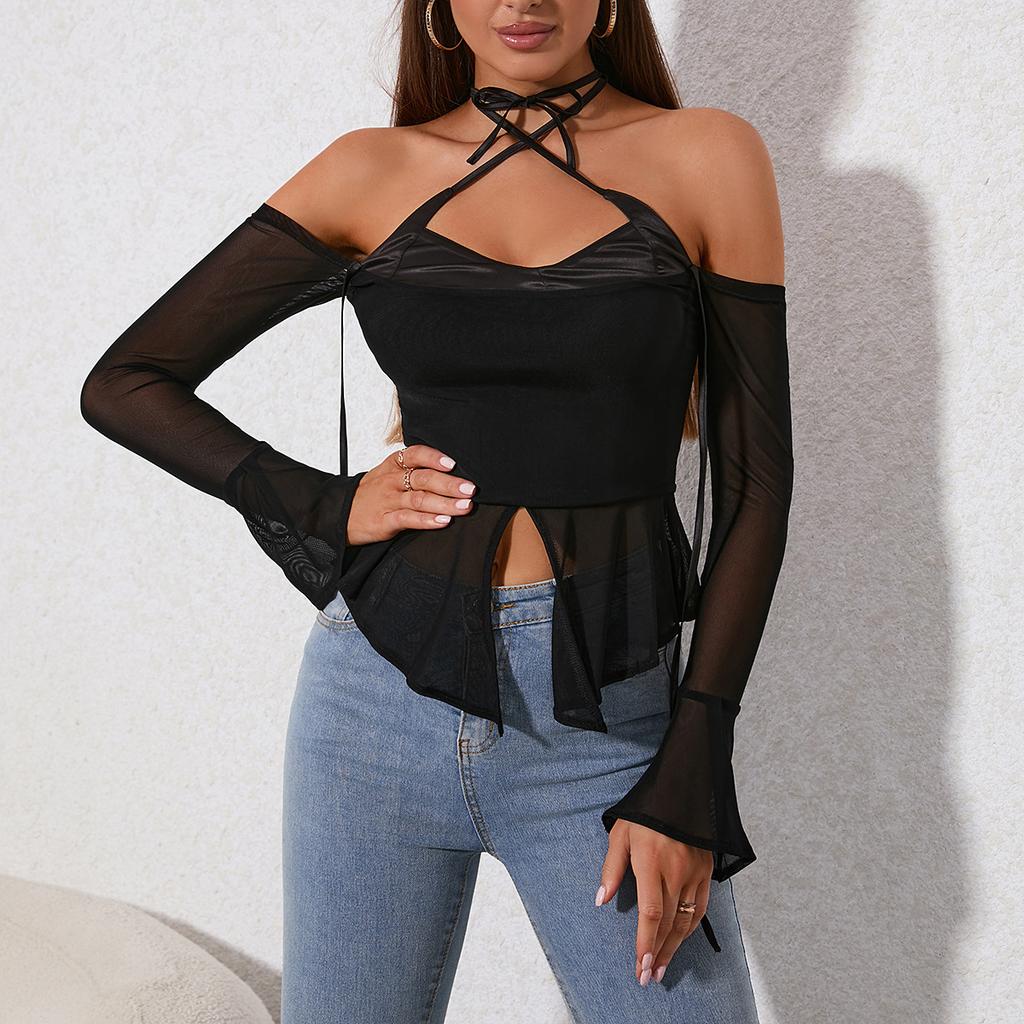 European and American Sexy Mesh Yarn Neck Splicing Top, Popular Women's Clothing Backless Perspective Horn Sleeve Long-sleeved T-shirt