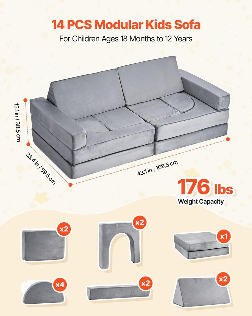 Modular Kids Play Couch, Sectional Toddler Sofa with Armrests, 28D Sponge & Short Pile, Convertible Kids Modular Couch DIY Creative Combination for
