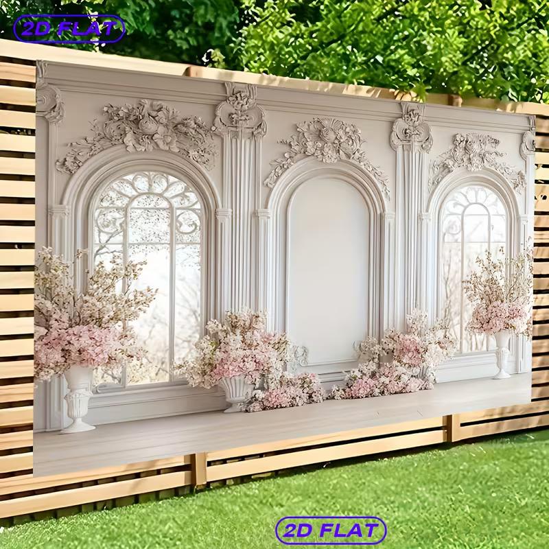 2D Elegant White Window Backdrop Pink Flower Wedding & Party Decor
