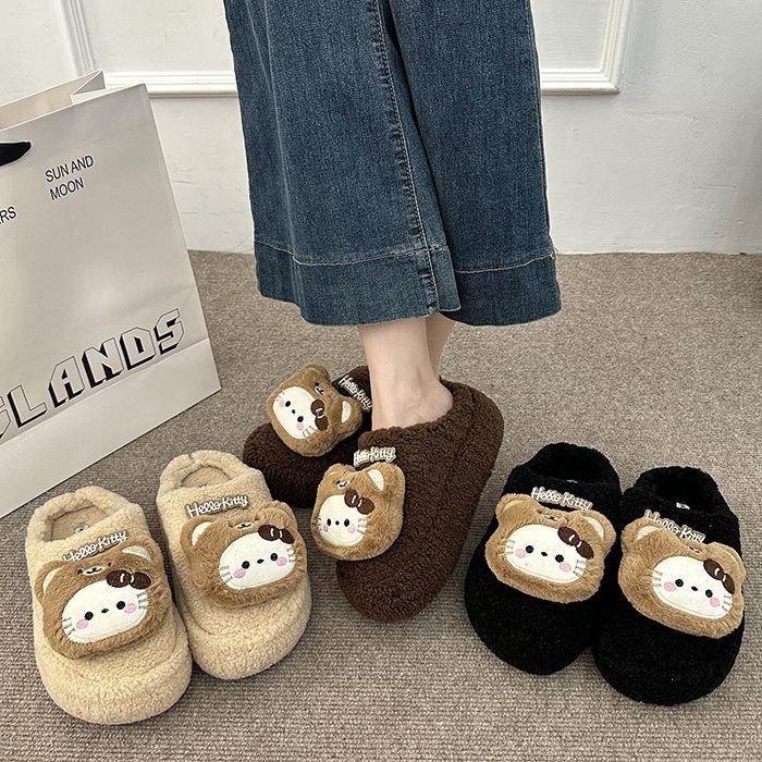 Thick sole height increase cute Hello Kitty fluffy slippers women 2025 autumn hole fashion versatile girl heart bag head cotton shoes women