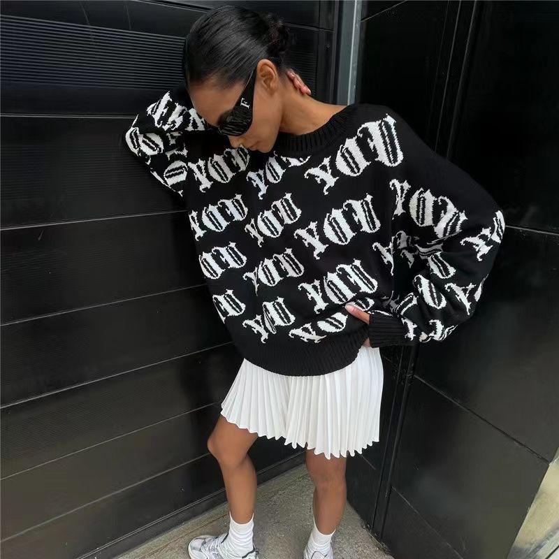 

New Arrival Letter Jacquard Crew Neck Sweater Idle Style Loose Knitwear Letter Jacquard Sweater Black M