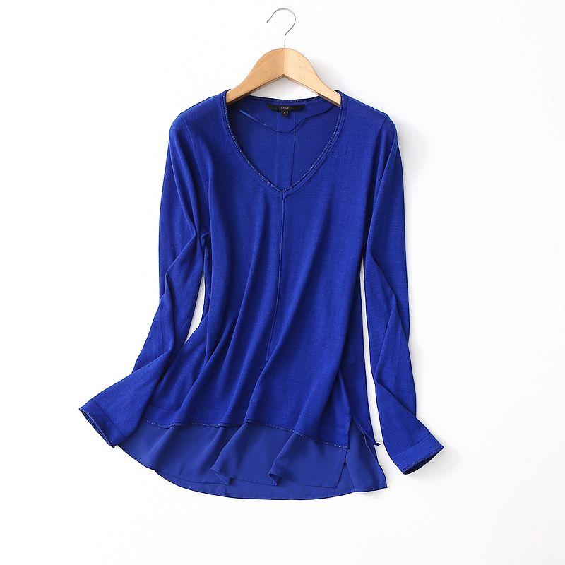 Export Export Bright Silk Chiffon Patchwork Pure Color Minimalist V Pullover Knitwear Women's Fall and Winter Long Sleeves Bottoming Shirt