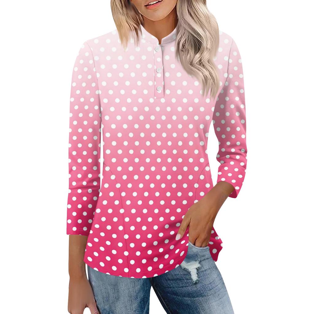 Damen Casual Poloshirt Lockerer Schnitt Dreiviertelarm Oberteil Knopfleiste Pünktchenmuster Leichter Bequemer Stoff