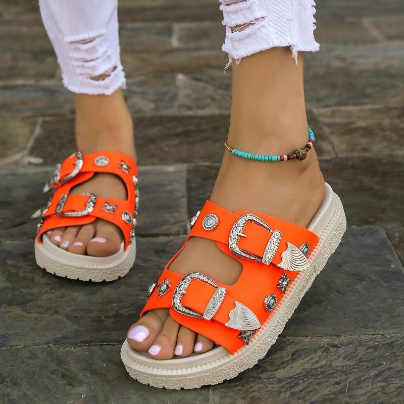 Women's Oversized Slippers New European and American Belt Buckle Willow Nail Flat Slippers Outerwear Open-toe Flip Sandals