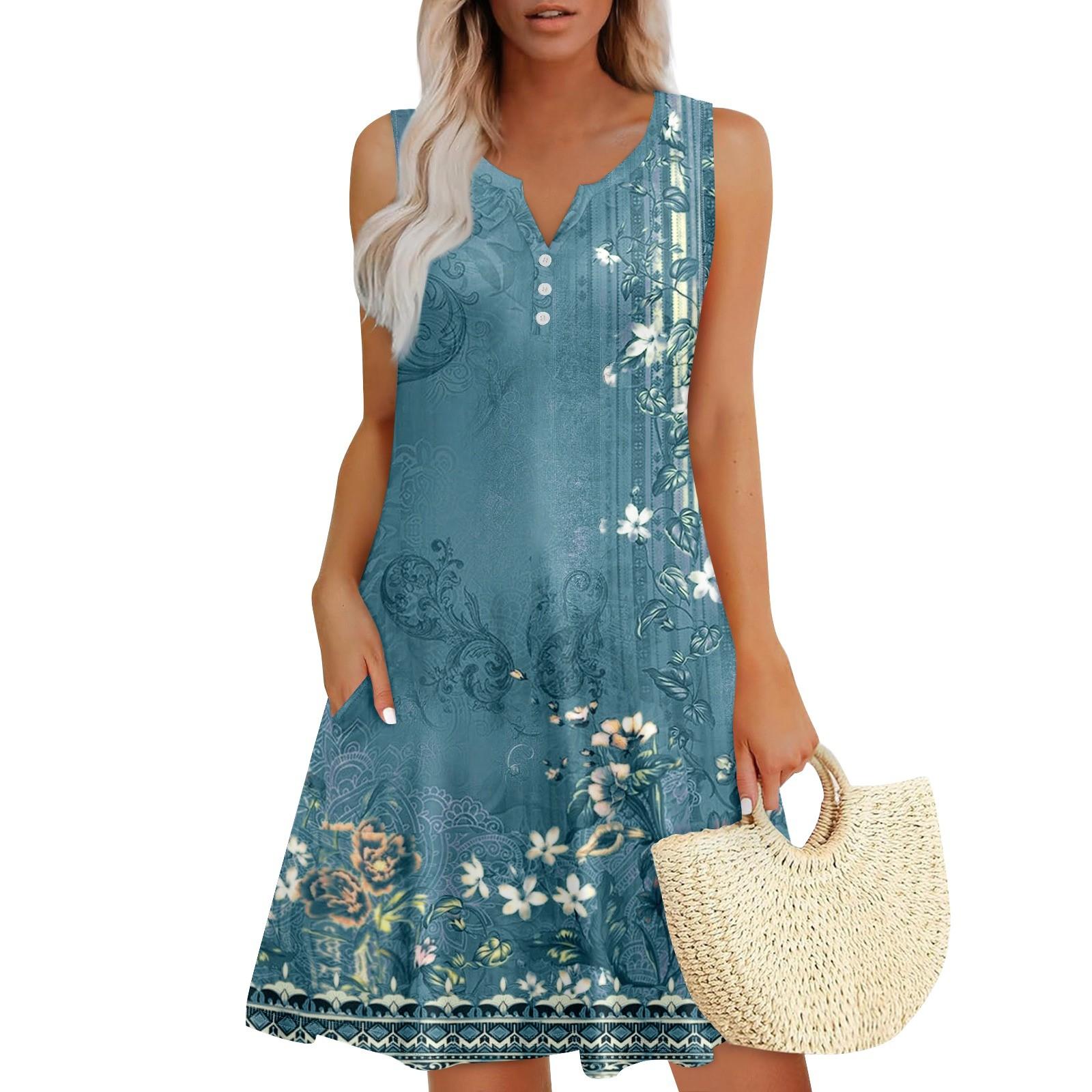 

Womens Summer Dresses Loose V Neck Sleeveless Sundresses Dress With Pockets S