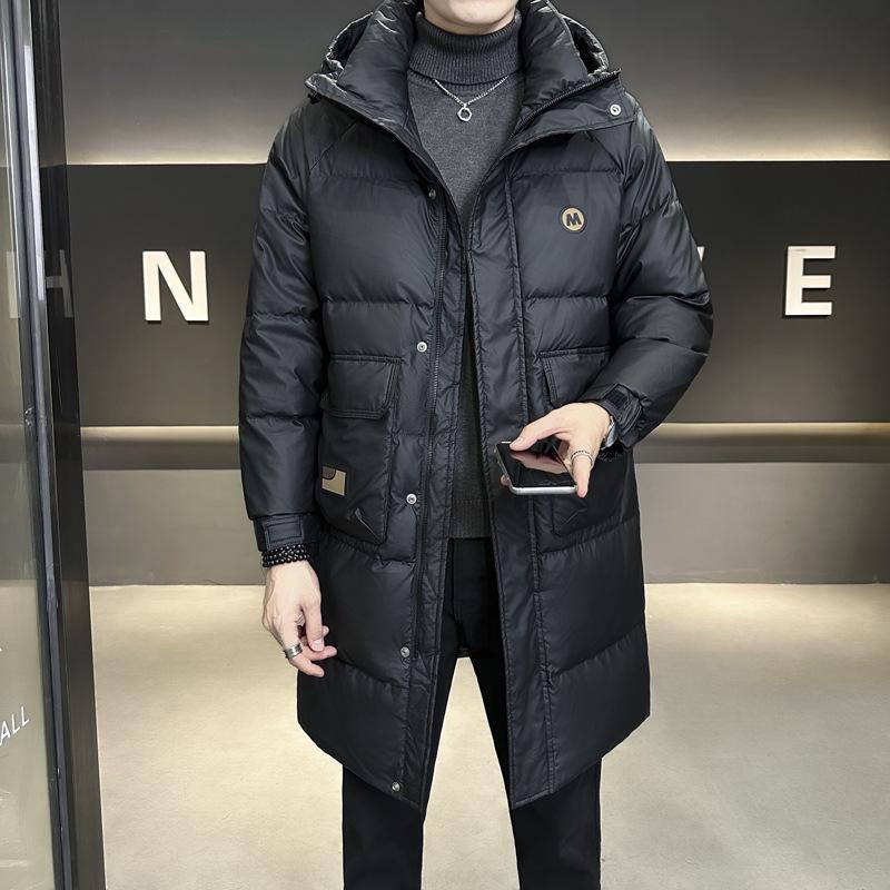 

Модный Бренд 2026 Мужская утепленная куртка-пуховик средней длины с капюшоном - 50% пуха, Утепленная, Высокое качество XL чёрный