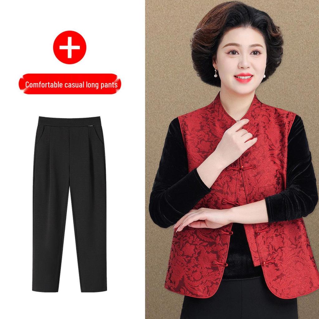 Elegant Red Spring Cardigan Vest for Middle-Aged Women