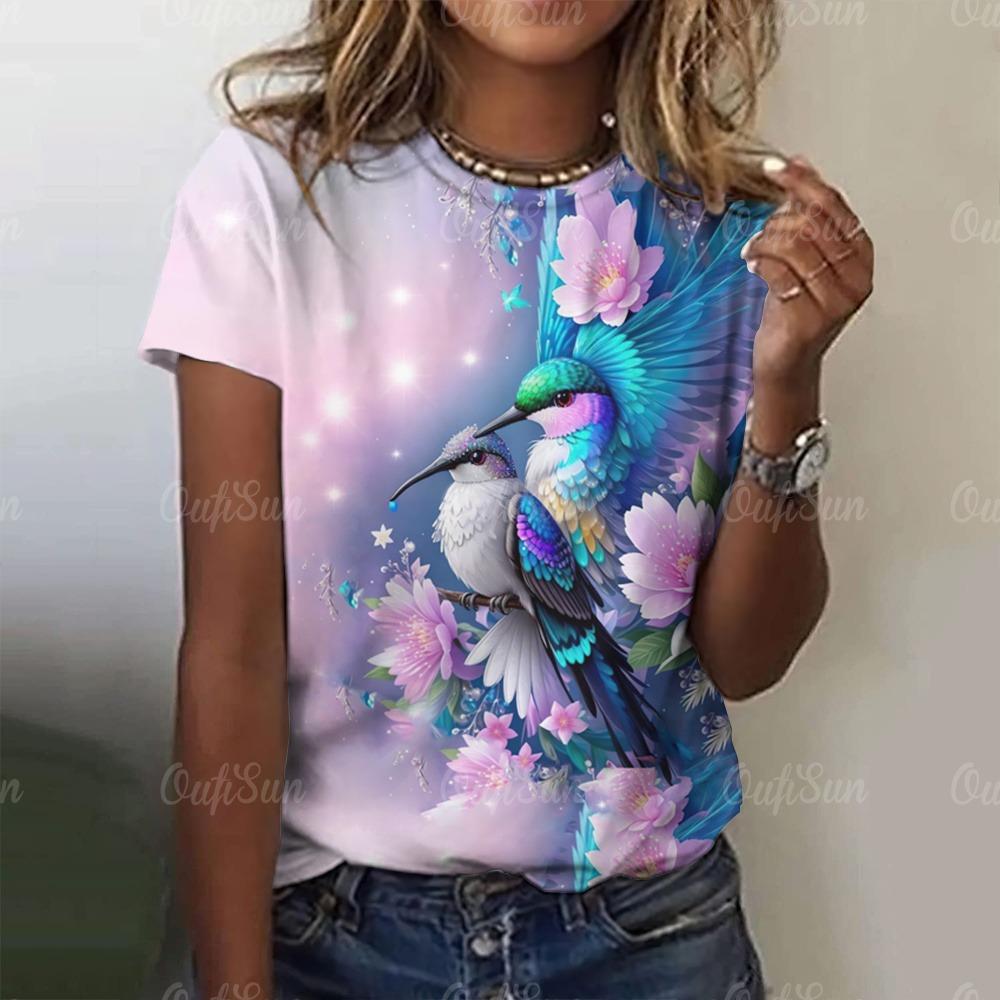 Summer Women's T-shirt Bird Print Casual Short Sleeved 3D T-shirt Fashionable Street Wear Round Neck Pullover for Women's Oversized Clothing